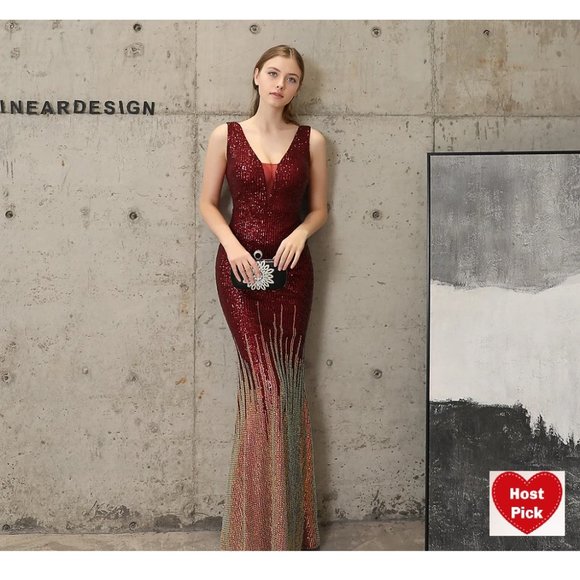 Red & Gold Sequin Dress Glitter Dress Formal Evening Gown Floor Length Ball Gown - Picture 2 of 12